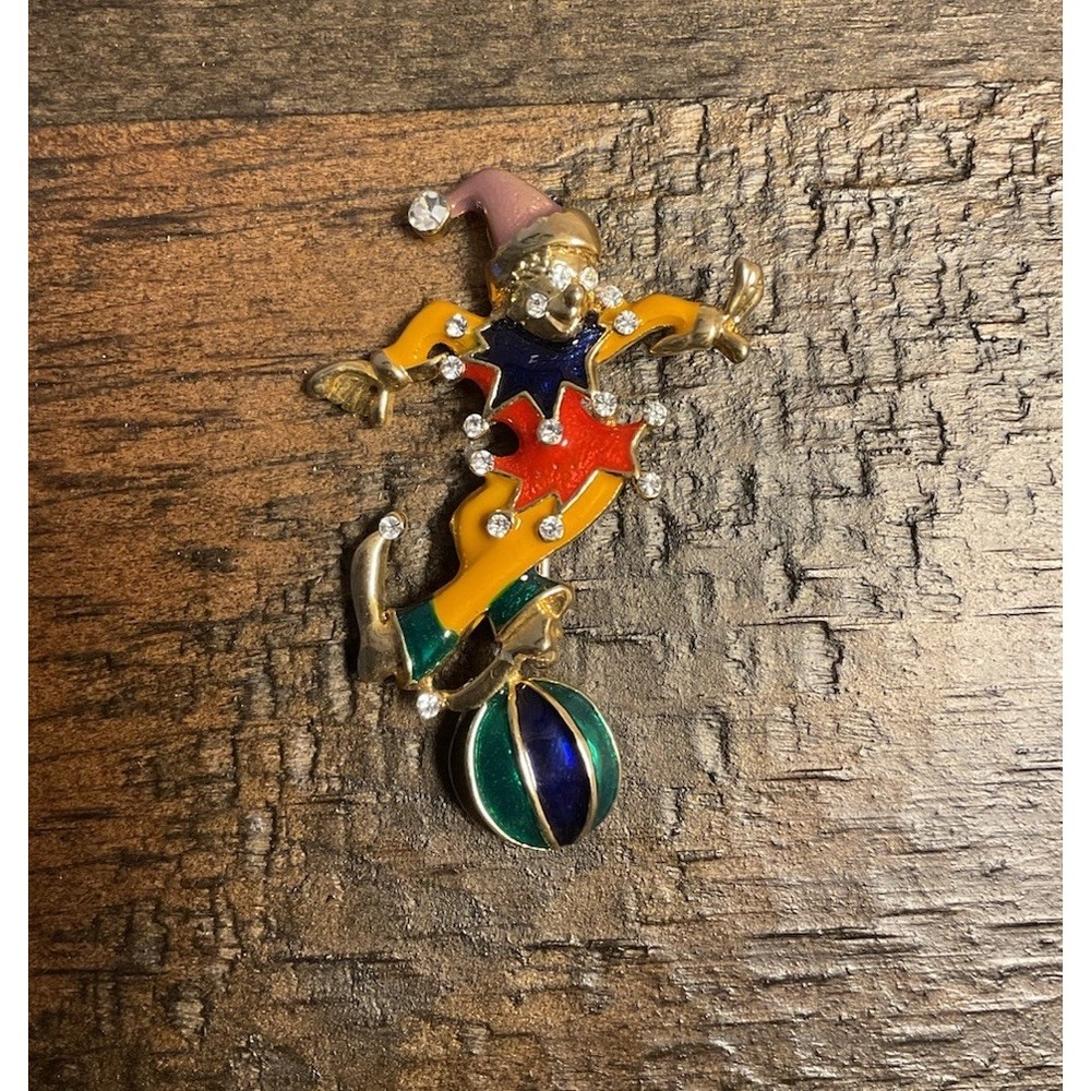Vintage Colorful Enamel Clown Rhinestone Brooch Jester Circus Lapel Pin Gold